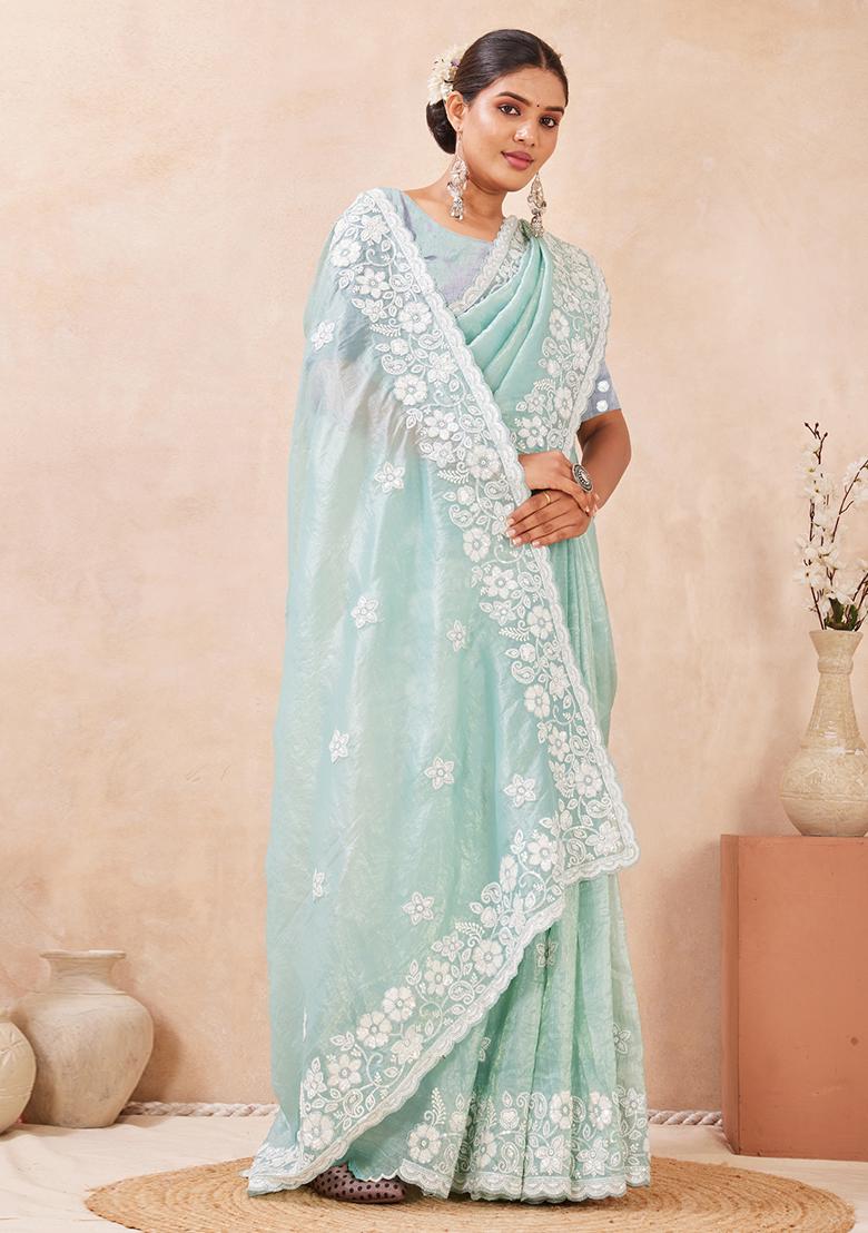 Sea Green Embroidered Silk Saree Set - Indya