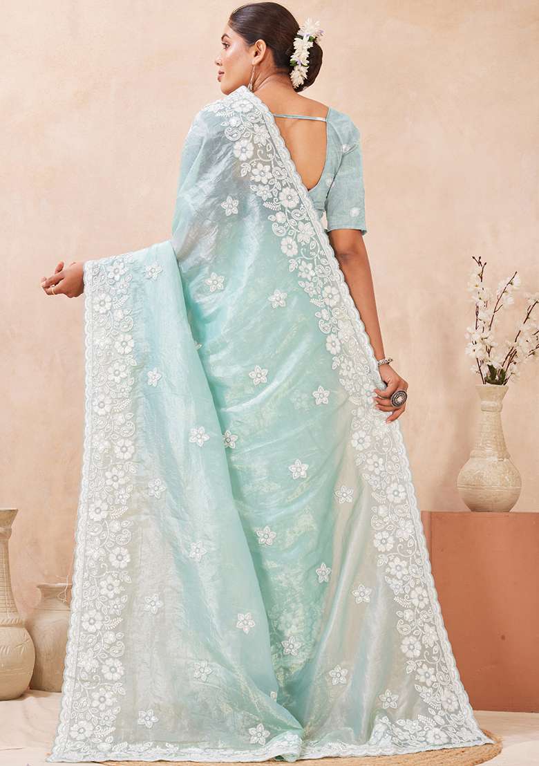 Sea Green Silk Blend Saree Set with Embroidered for Diwali | Wedding & Festive Wear - Indya