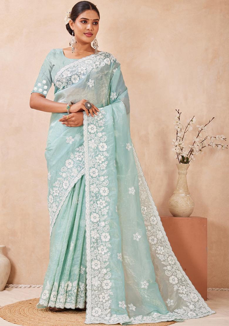 Sea Green Embroidered Silk Saree Set - Indya