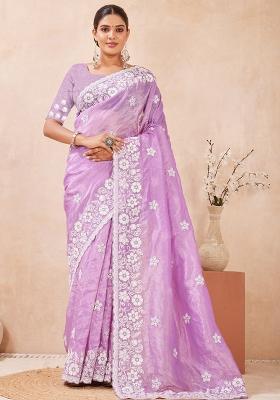 Purple Embroidered Silk Saree Set
