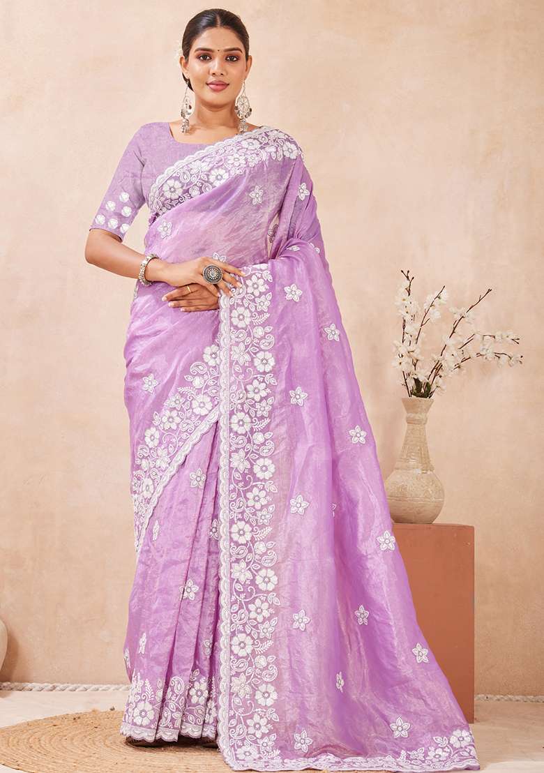 Purple Embroidered Silk Blend Saree Set - Indya