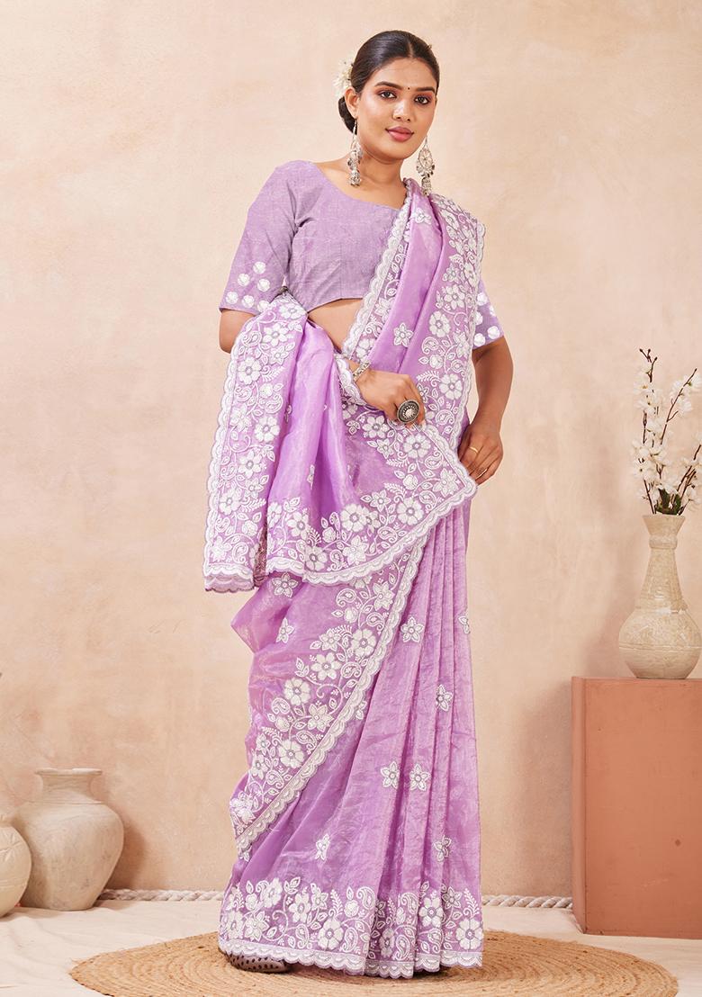 Purple Embroidered Silk Saree Set - Indya