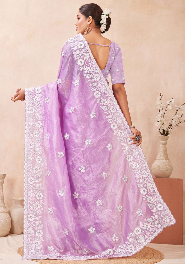 Purple Embroidered Silk Blend Saree Set - Indya
