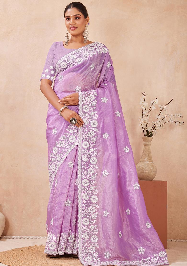 Purple Embroidered Silk Saree Set - Indya