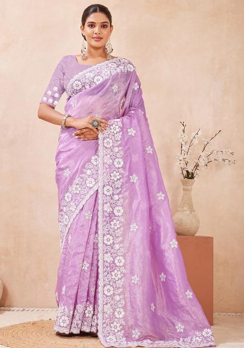 Purple Embroidered Silk Saree Set