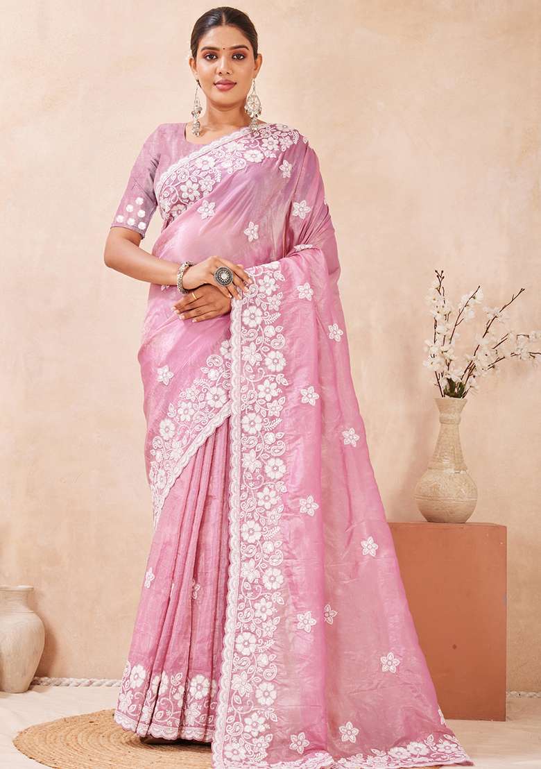 Pink Embroidered Silk Blend Saree Set for Diwali and Festive Wear - Indya