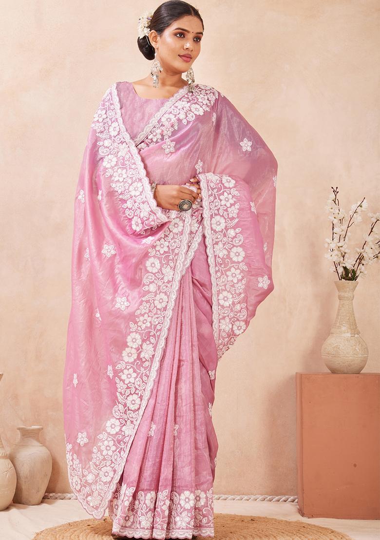 Pink Embroidered Silk Saree Set - Indya