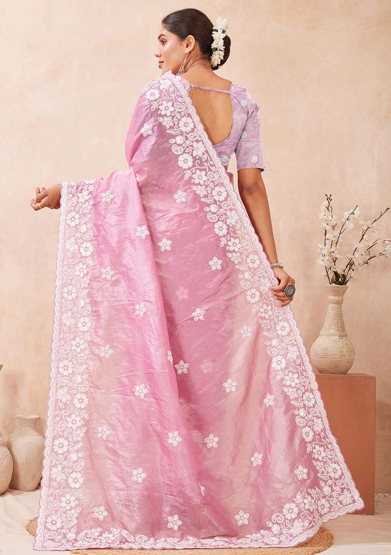 Pink Embroidered Silk Blend Saree Set for Diwali and Festive Wear - Indya