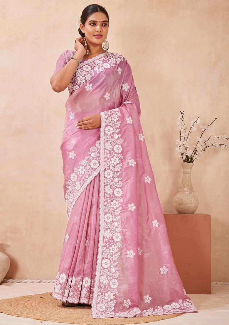 Pink Embroidered Silk Saree Set - Indya