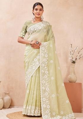 Green Embroidered Silk Saree Set
