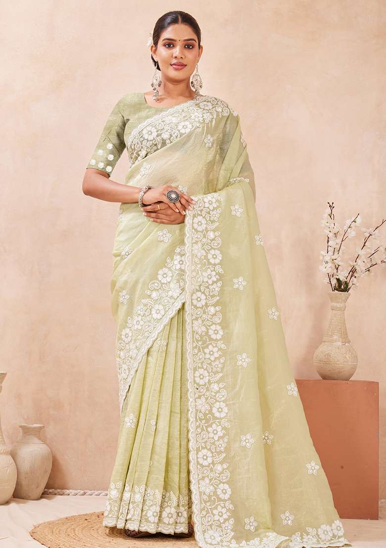 Green Embroidered Silk Blend Saree Set for Diwali and Festive Wear - Indya