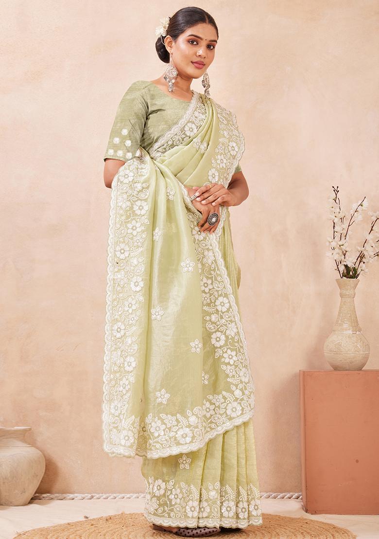 Green Embroidered Silk Saree Set - Indya