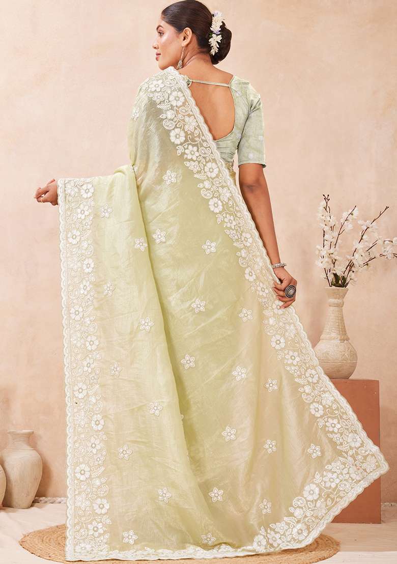 Green Embroidered Silk Blend Saree Set for Diwali and Festive Wear - Indya
