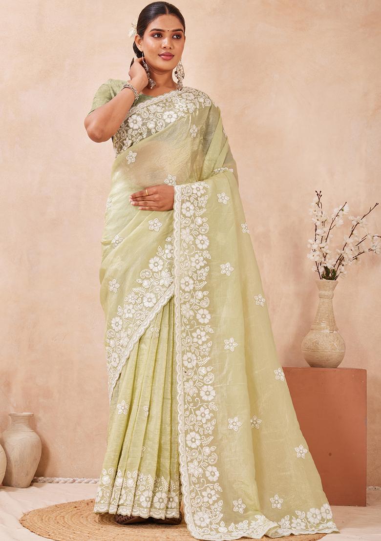 Green Embroidered Silk Saree Set - Indya