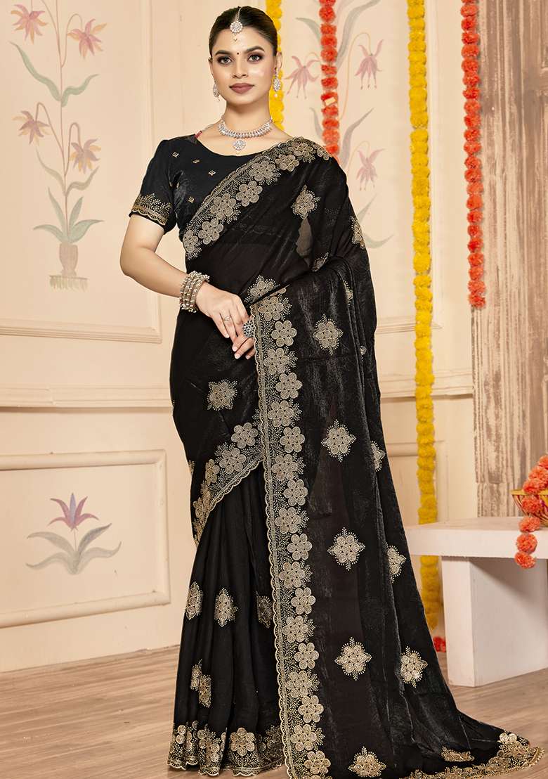 Black Silk Blend Saree Set with Embroidered for Diwali | Wedding & Festive Wear - Indya