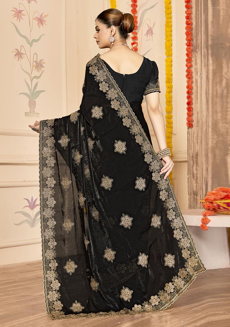 Black Embroidered Silk Saree Set - Indya