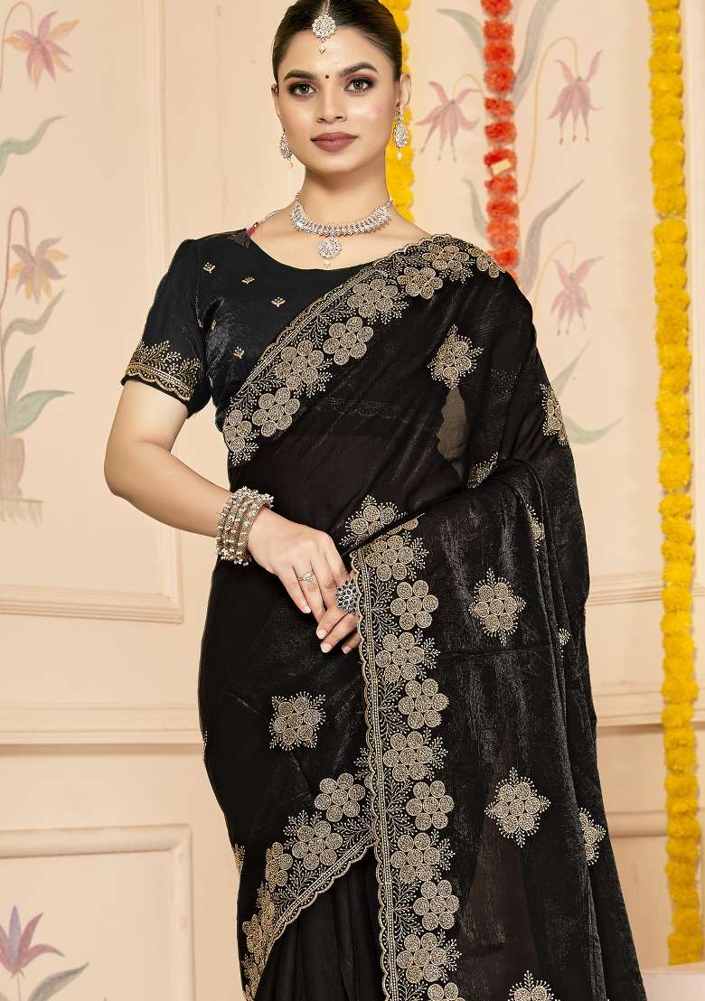Black Silk Blend Saree Set with Embroidered for Diwali | Wedding & Festive Wear - Indya