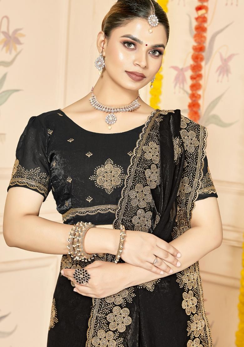 Black Embroidered Silk Saree Set - Indya