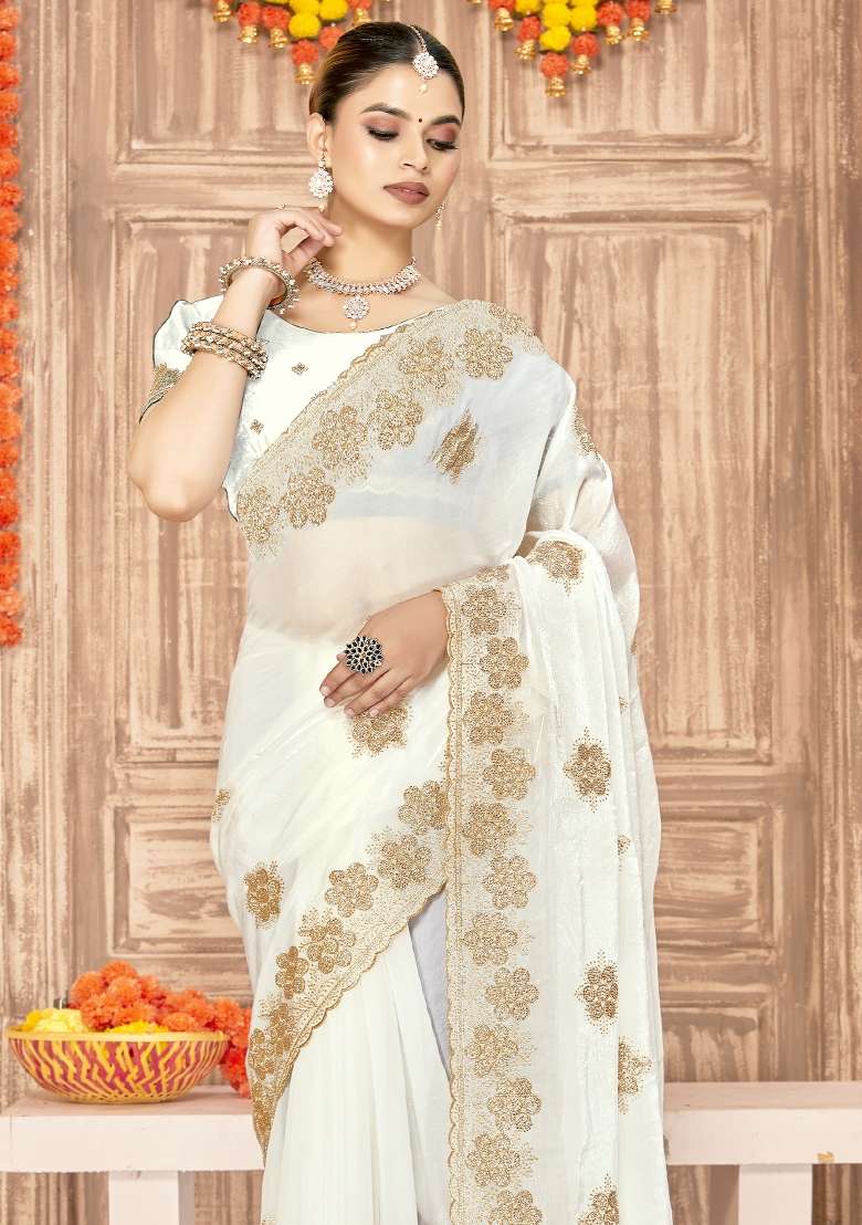 White Silk Blend Saree Set with Embroidered for Diwali | Wedding & Festive Wear - Indya