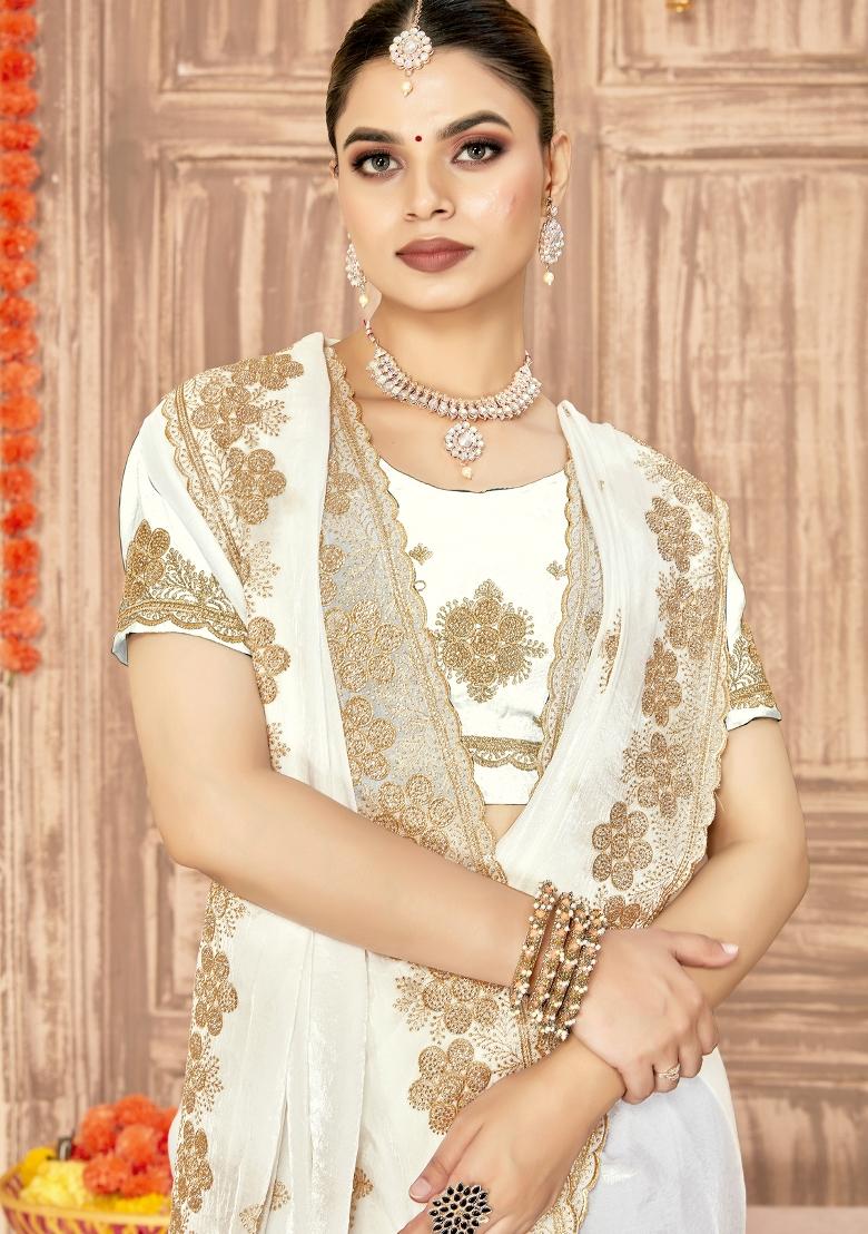 White Embroidered Silk Saree Set - Indya