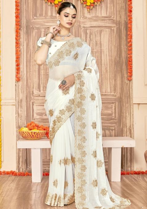 White Embroidered Silk Saree Set