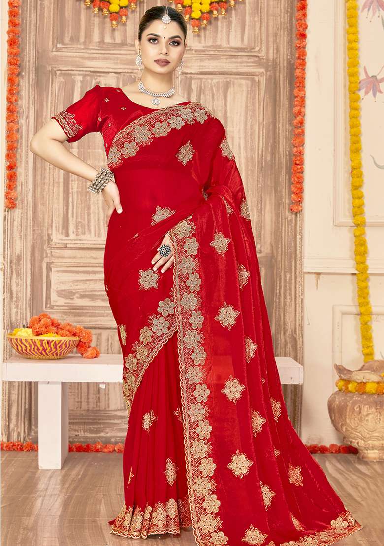 Red Silk Blend Saree Set with Embroidered for Diwali | Wedding & Festive Wear - Indya