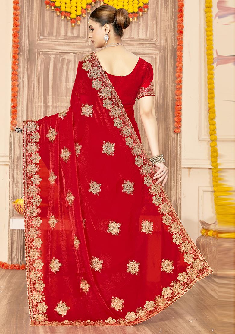 Red Embroidered Silk Saree Set - Indya