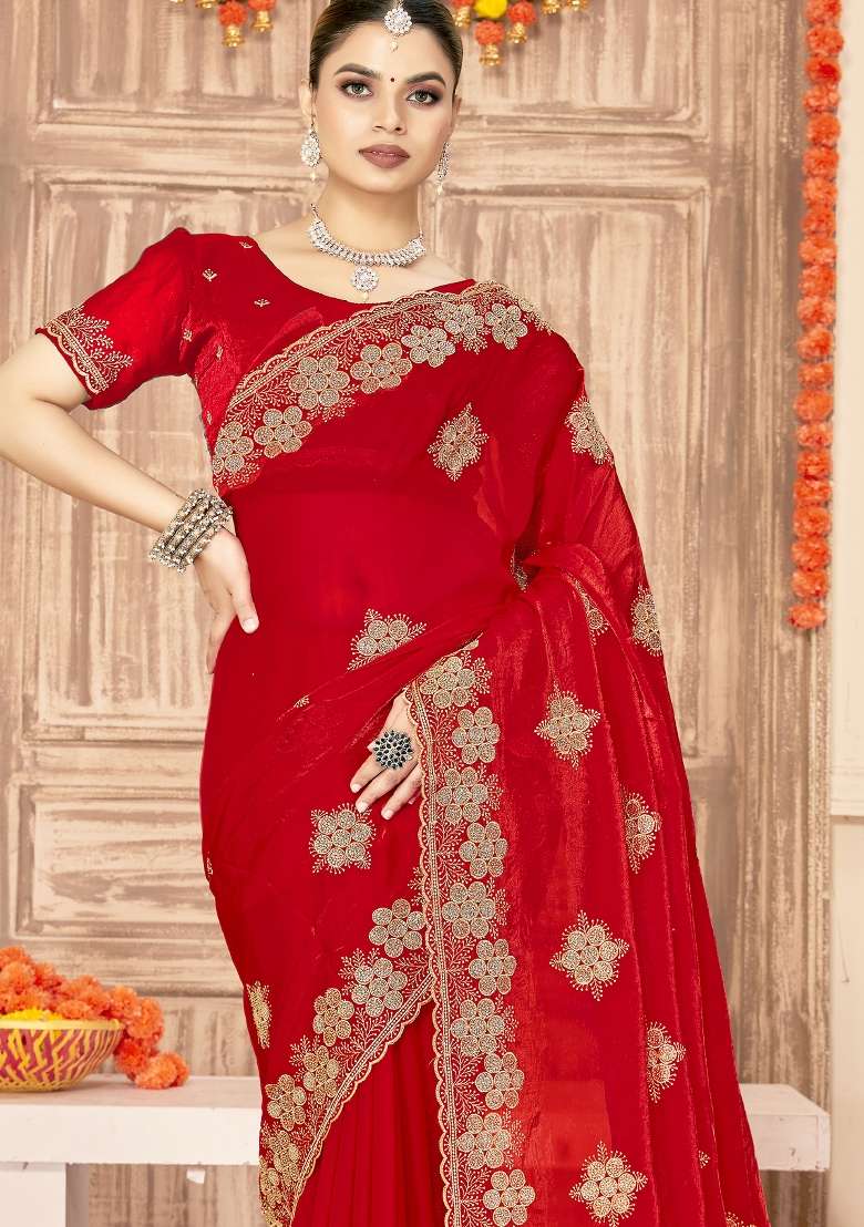 Red Silk Blend Saree Set with Embroidered for Diwali | Wedding & Festive Wear - Indya