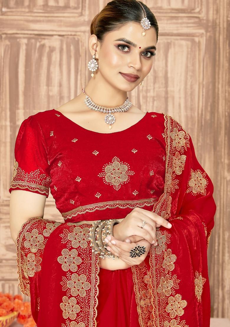 Red Embroidered Silk Saree Set - Indya