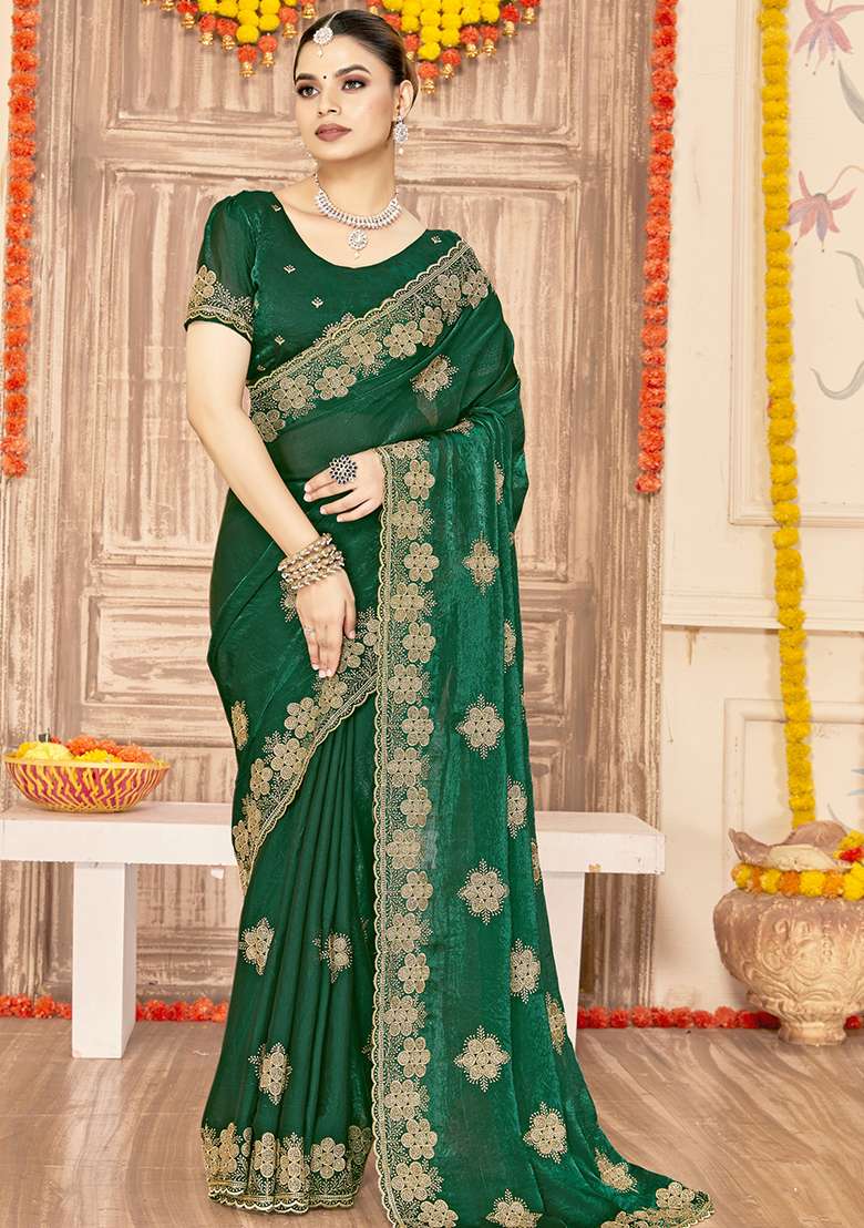 Bottle Green Silk Blend Saree Set with Embroidered for Diwali | Wedding & Festive Wear - Indya