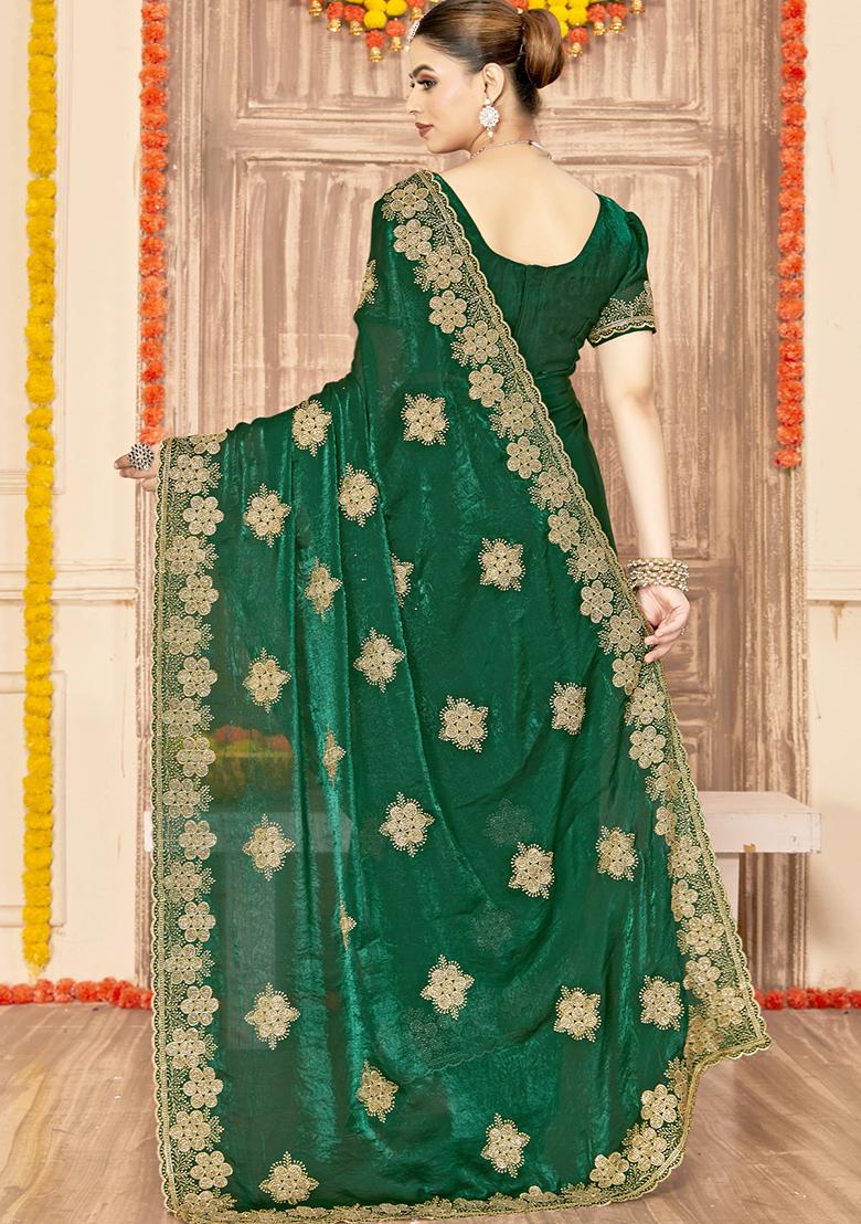 Bottle Green Embroidered Silk Saree Set - Indya