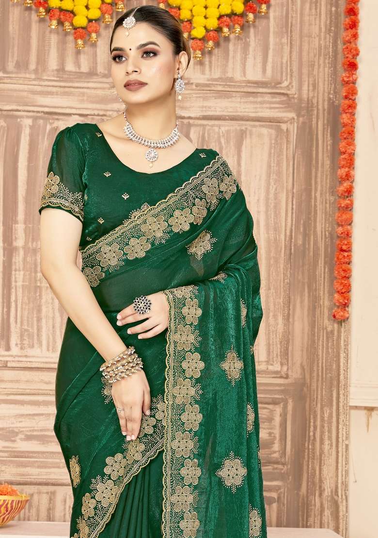 Bottle Green Silk Blend Saree Set with Embroidered for Diwali | Wedding & Festive Wear - Indya