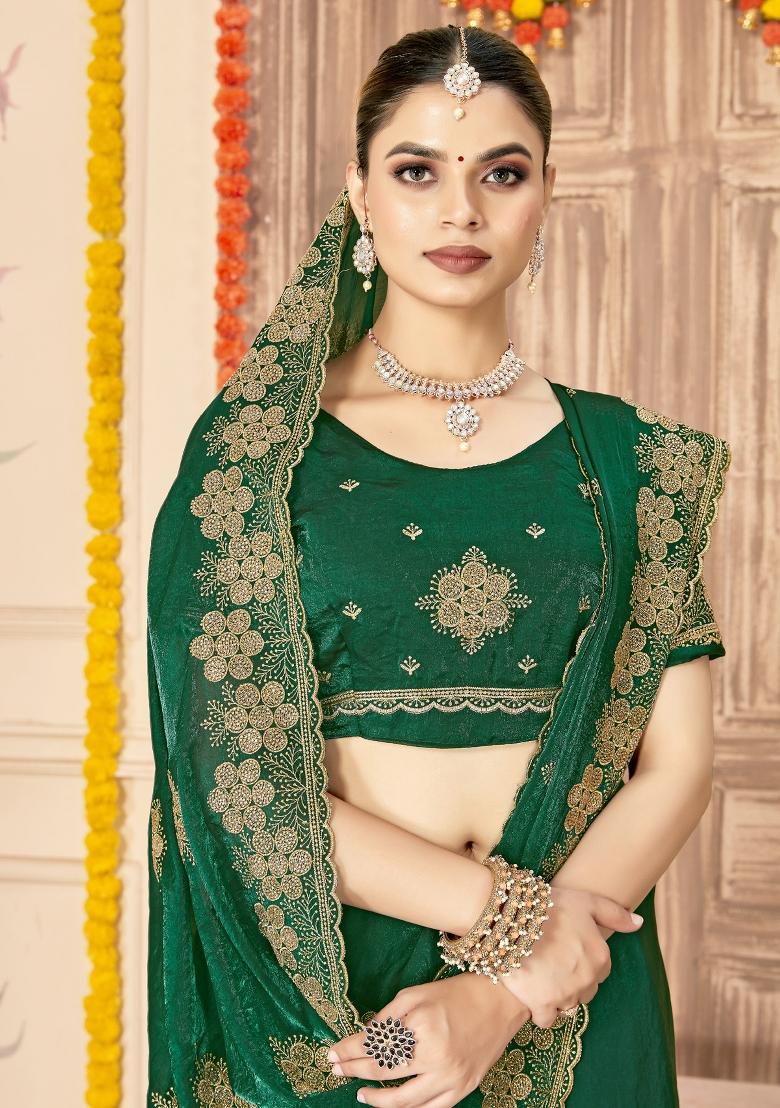 Bottle Green Embroidered Silk Saree Set - Indya