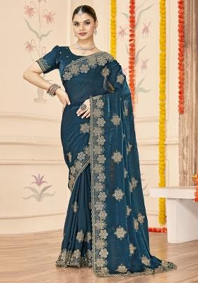 Teal Blue Embroidered Silk Saree Set