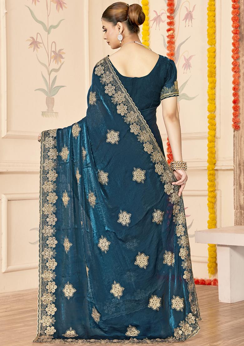 Teal Blue Embroidered Silk Saree Set - Indya