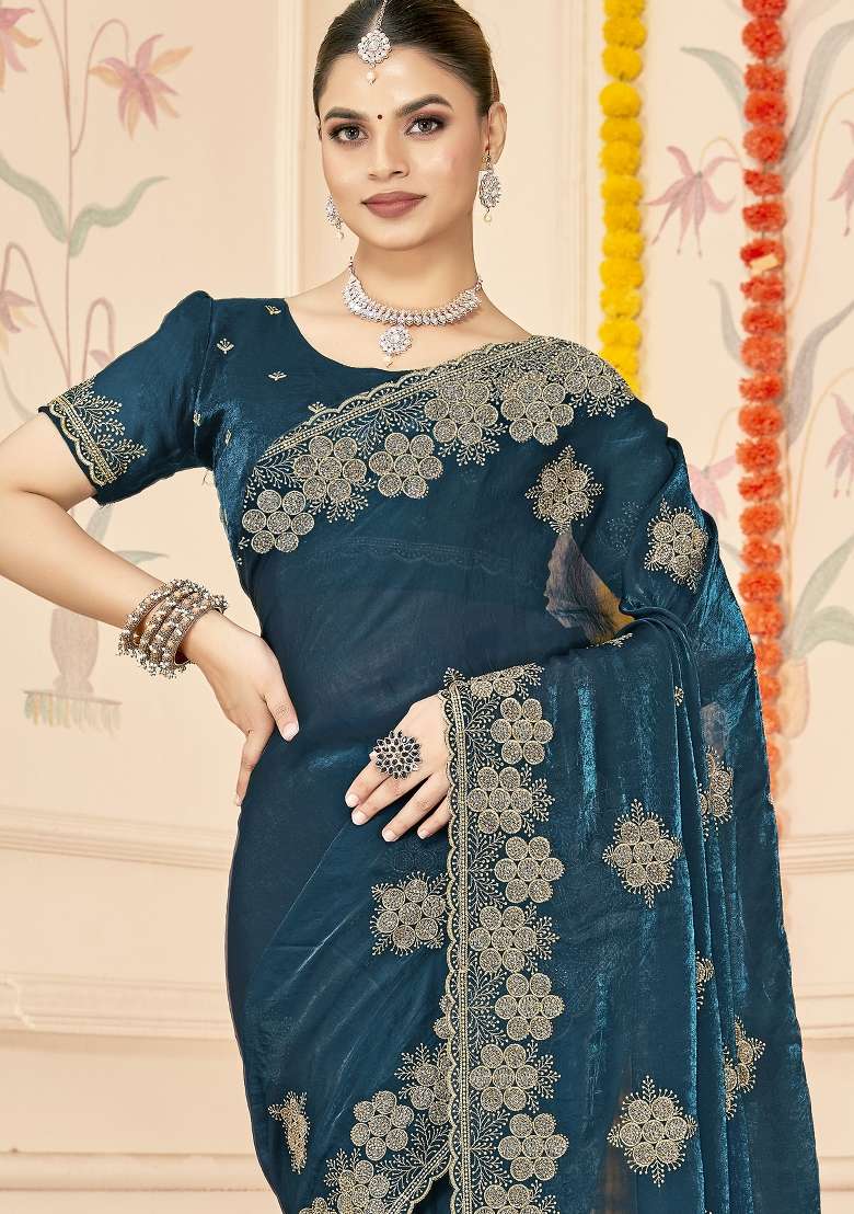 Teal Blue Silk Blend Saree Set with Embroidered for Diwali | Wedding & Festive Wear - Indya