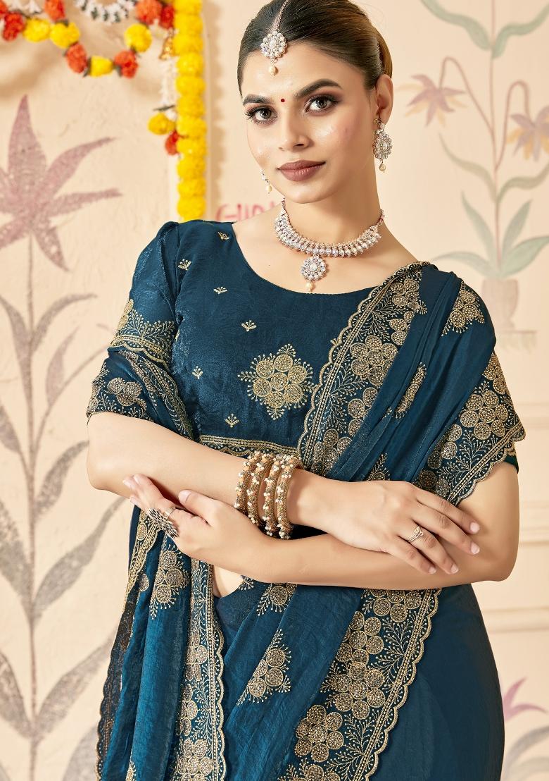 Teal Blue Embroidered Silk Saree Set - Indya