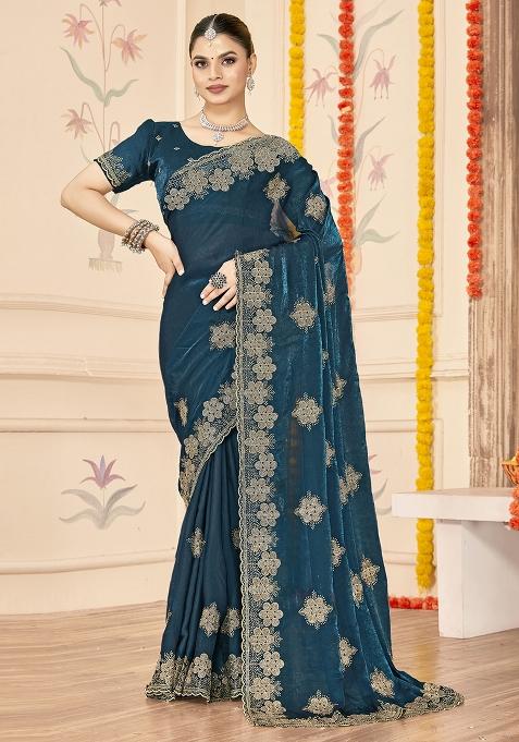 Teal Blue Embroidered Silk Saree Set
