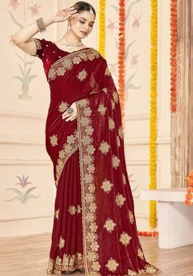Maroon Embroidered Silk Saree Set