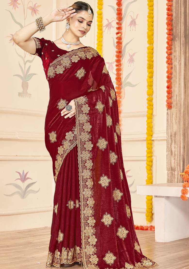 Maroon Embroidered Silk Blend Saree Set for Diwali and Festive Wear - Indya