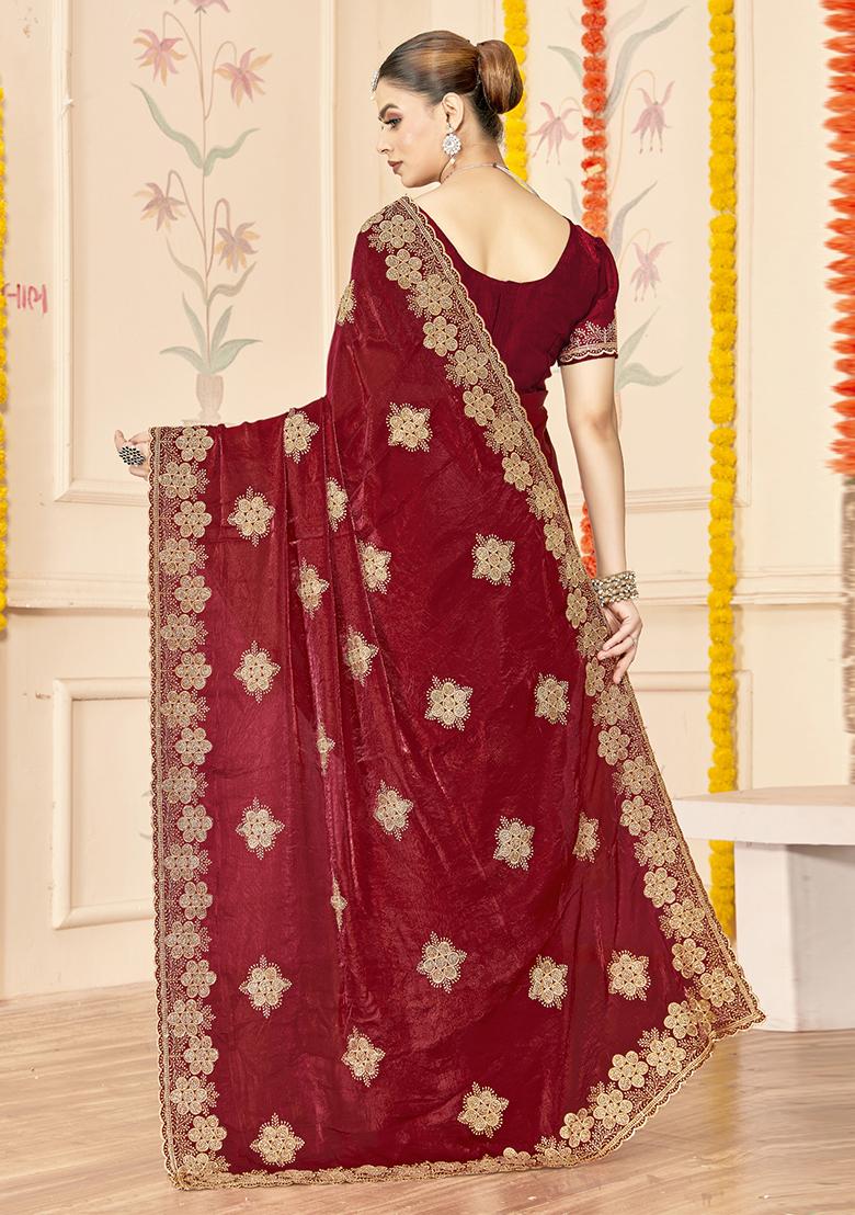 Maroon Embroidered Silk Saree Set - Indya