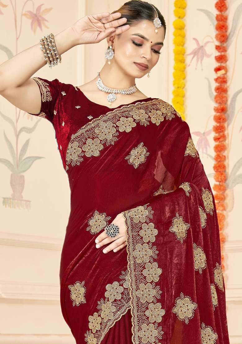 Maroon Embroidered Silk Blend Saree Set for Diwali and Festive Wear - Indya