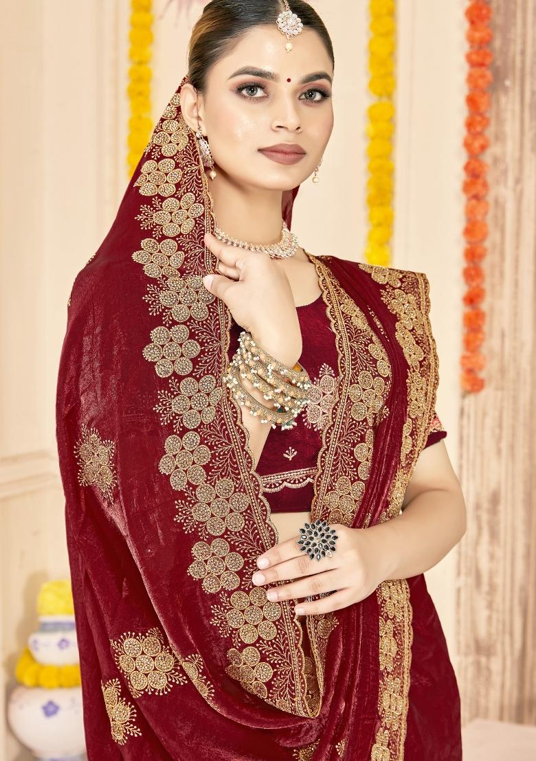 Maroon Embroidered Silk Saree Set - Indya