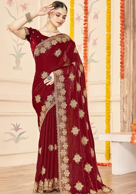 Maroon Embroidered Silk Saree Set