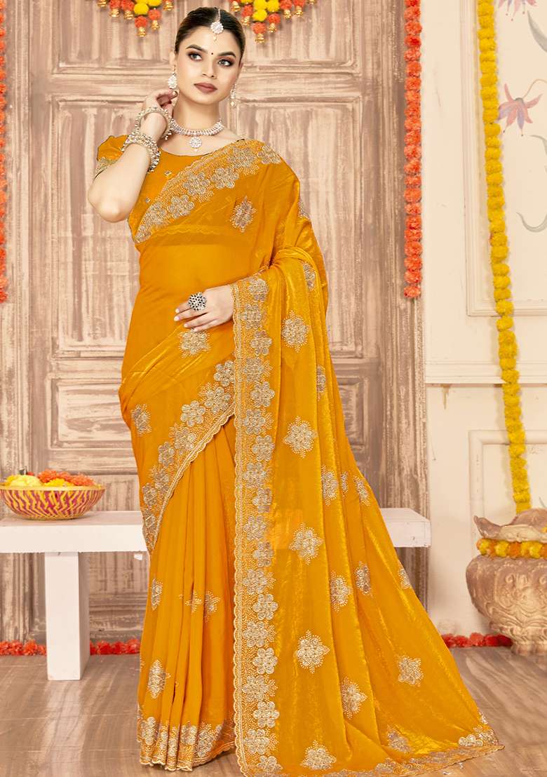 Mustard Silk Blend Saree Set with Embroidered for Diwali | Wedding & Festive Wear - Indya