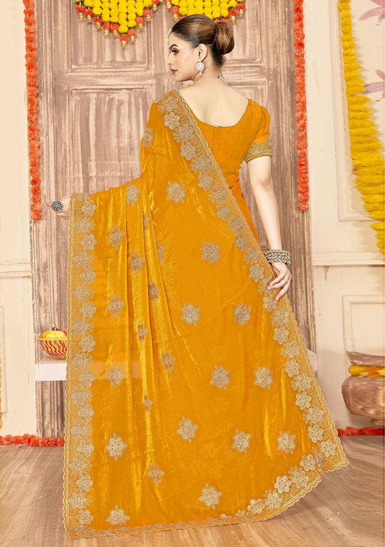 Mustard Embroidered Silk Saree Set - Indya
