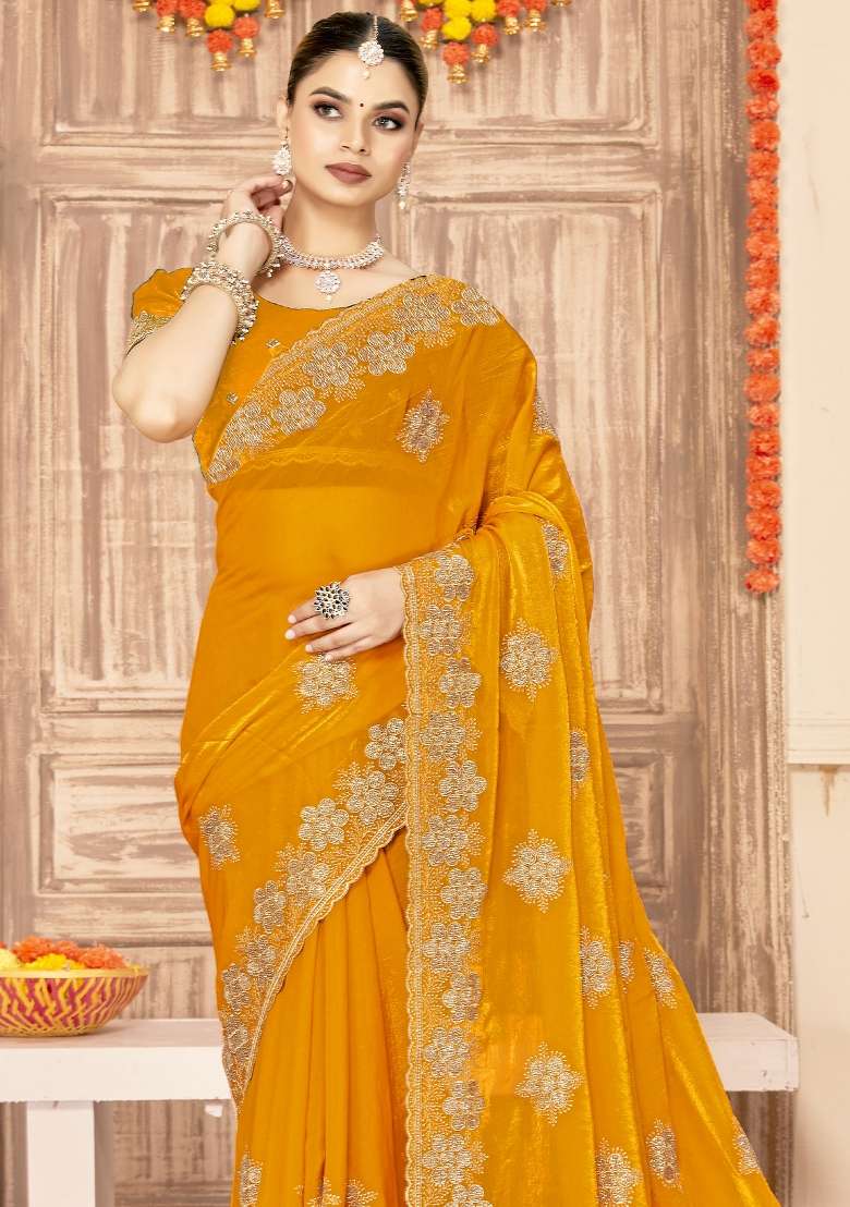 Mustard Silk Blend Saree Set with Embroidered for Diwali | Wedding & Festive Wear - Indya