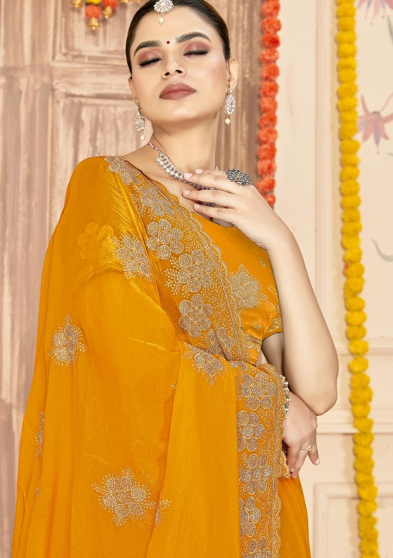 Mustard Embroidered Silk Saree Set - Indya