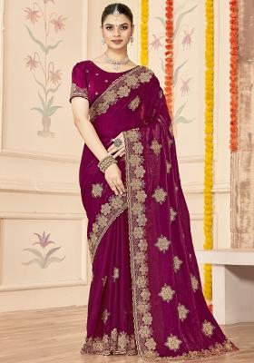 Wine Embroidered Silk Saree Set