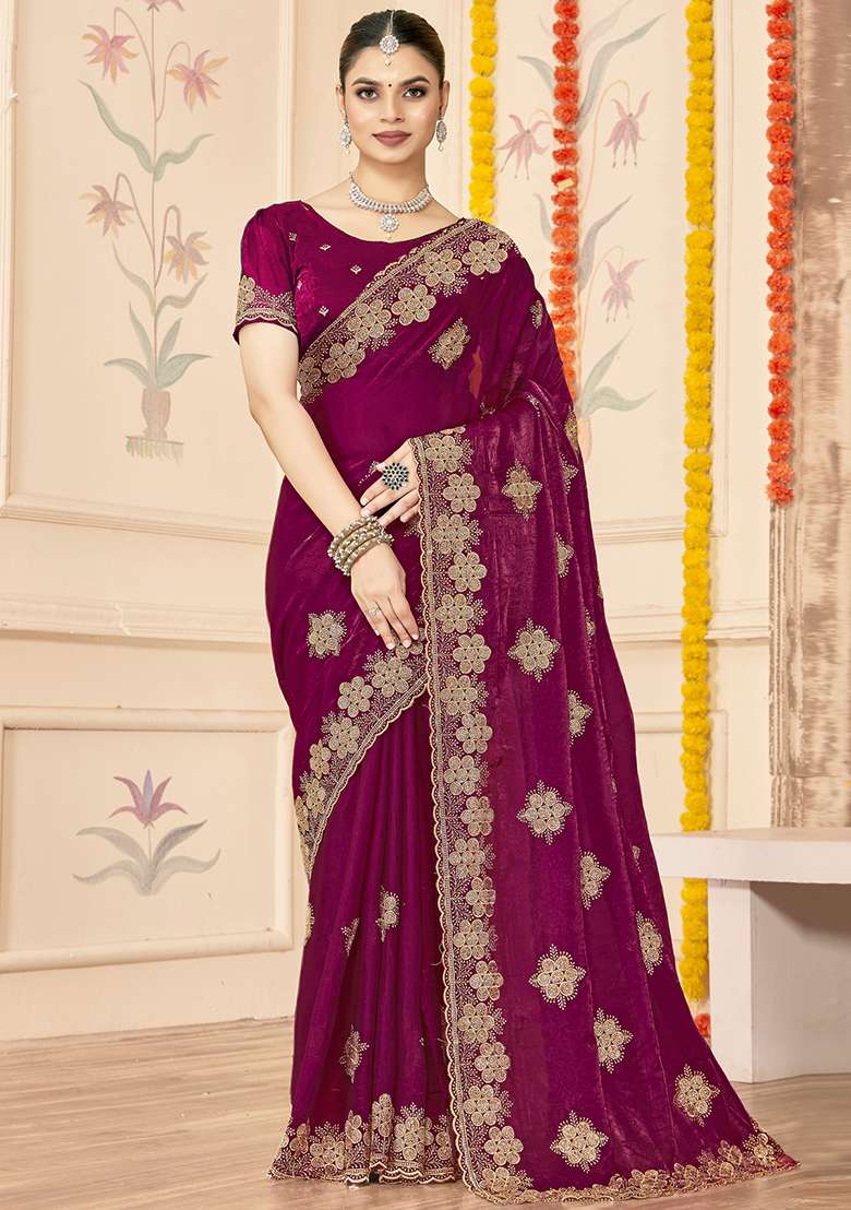 Wine Silk Blend Saree Set with Embroidered for Diwali | Wedding & Festive Wear - Indya